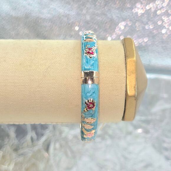 Jiu Long Xing Vintage Floral Cloisonné Turquoise Enamel Hinged Bangle Bracelet - Picture 4 of 5